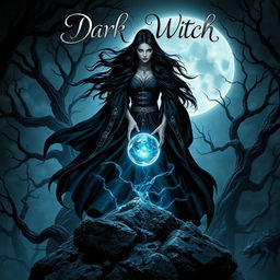 An enchanting dark fantasy book cover centered around a powerful witch, set in a mysterious, moonlit forest