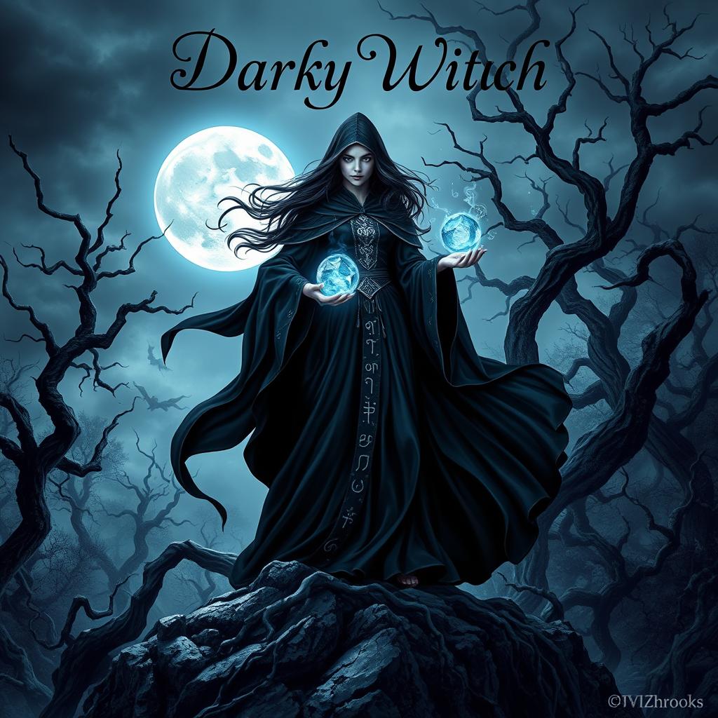 An enchanting dark fantasy book cover centered around a powerful witch, set in a mysterious, moonlit forest