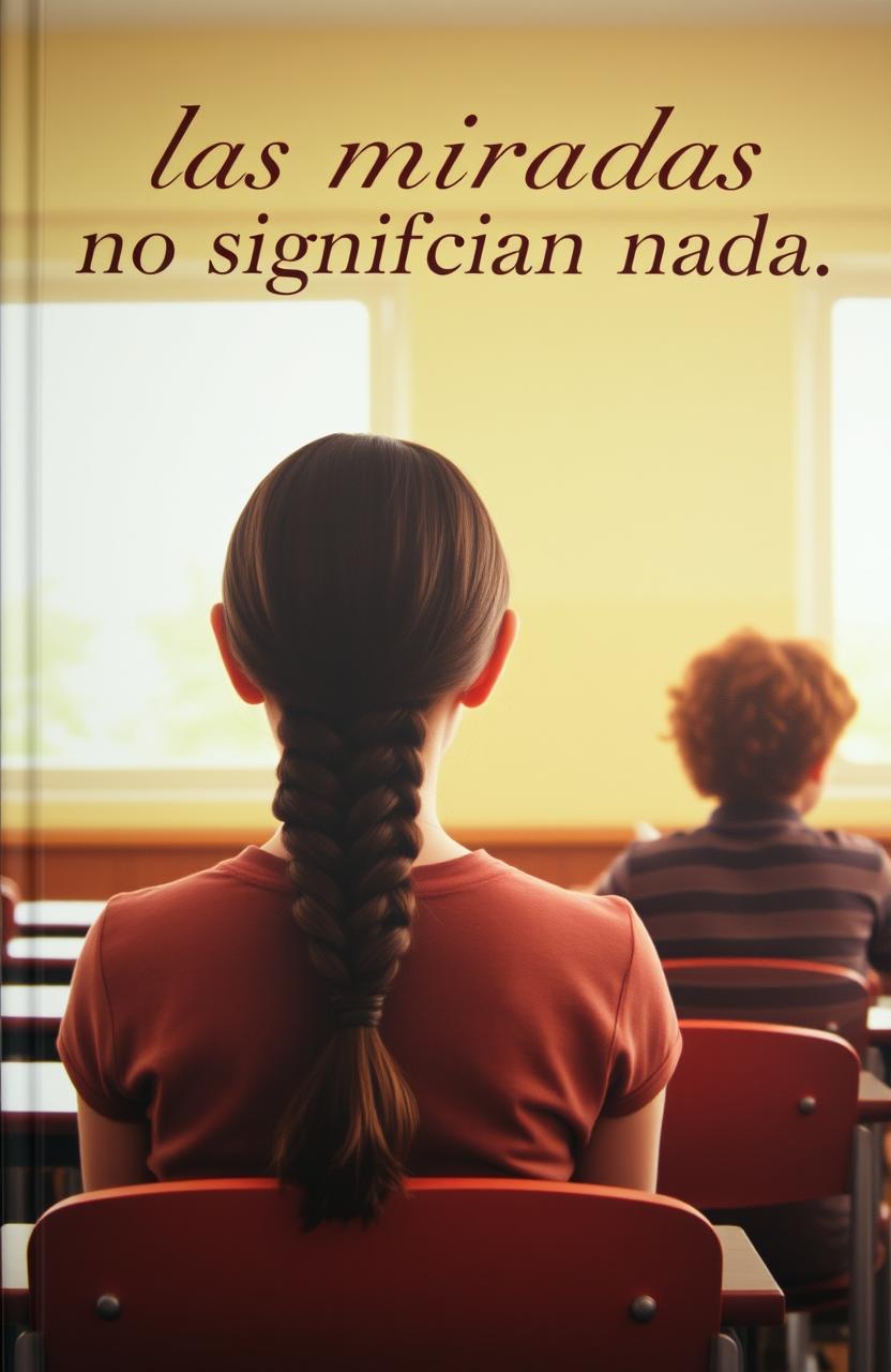 A book cover featuring a girl with long, dark brown hair braided, sitting in a classroom, looking attentively towards a boy who has curly red hair