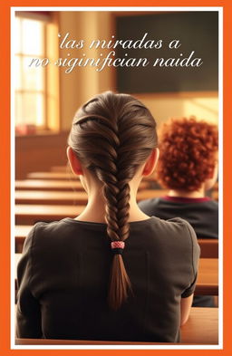 A book cover featuring a girl with long, dark brown hair braided, sitting in a classroom, looking attentively towards a boy who has curly red hair