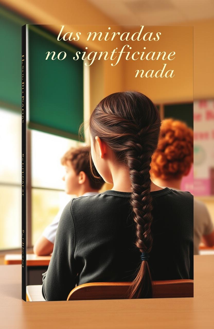 A book cover featuring a girl with long, dark brown hair braided, sitting in a classroom, looking attentively towards a boy who has curly red hair