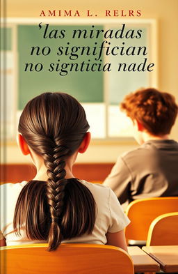 A book cover featuring a girl with long, dark brown hair braided, sitting in a classroom, looking attentively towards a boy who has curly red hair