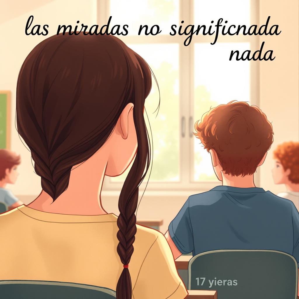 A book cover illustration featuring a teenage girl with long, dark brown hair styled in a braid, shown from behind as she gazes at a boy in class