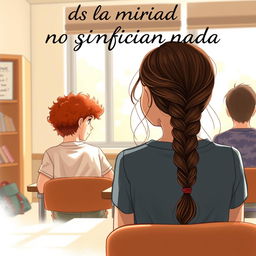 A book cover illustration featuring a teenage girl with long, dark brown hair styled in a braid, shown from behind as she gazes at a boy in class