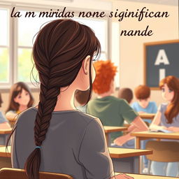 A book cover illustration featuring a teenage girl with long, dark brown hair styled in a braid, shown from behind as she gazes at a boy in class