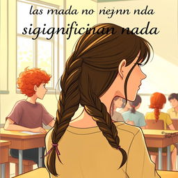 A book cover illustration featuring a teenage girl with long, dark brown hair styled in a braid, shown from behind as she gazes at a boy in class