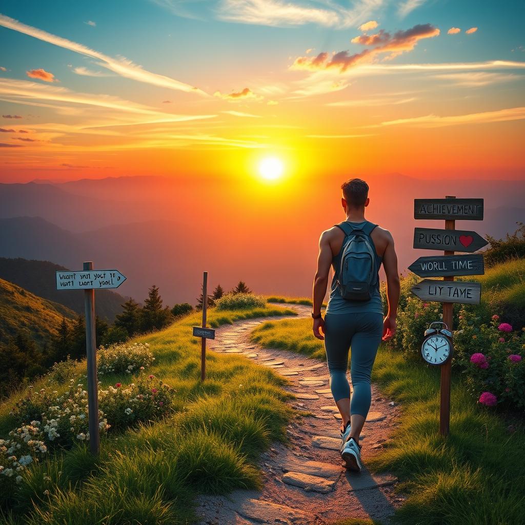 A visually inspiring representation of a person embarking on a 40-day journey to achieve their purpose, showcasing a vibrant sunrise over a scenic landscape