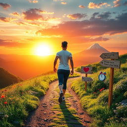 A visually inspiring representation of a person embarking on a 40-day journey to achieve their purpose, showcasing a vibrant sunrise over a scenic landscape