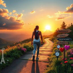 A visually inspiring representation of a person embarking on a 40-day journey to achieve their purpose, showcasing a vibrant sunrise over a scenic landscape