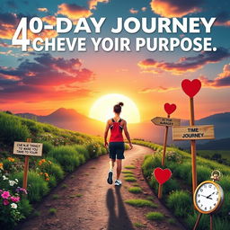 A visually inspiring representation of a person embarking on a 40-day journey to achieve their purpose, showcasing a vibrant sunrise over a scenic landscape