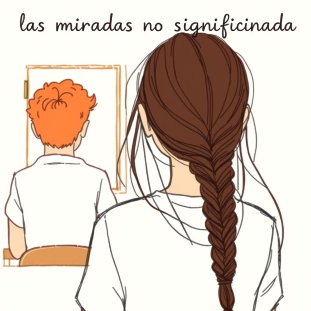 A simple drawing for a book cover featuring a girl with long, dark brown hair styled in a braid, shown from behind as she gazes at a boy in class