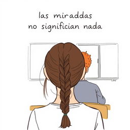 A simple drawing for a book cover featuring a girl with long, dark brown hair styled in a braid, shown from behind as she gazes at a boy in class