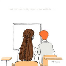 A simple drawing for a book cover featuring a girl with long, dark brown hair styled in a braid, shown from behind as she gazes at a boy in class