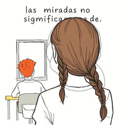 A simple drawing for a book cover featuring a girl with long, dark brown hair styled in a braid, shown from behind as she gazes at a boy in class