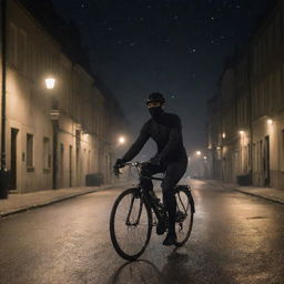 A cyclist dressed in all black attire, riding their bicycle through a peaceful town under the cover of nighttime, the twinkling starlight overhead and dimly lit street lamps guiding their way