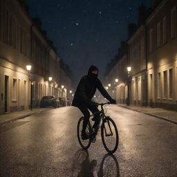 A cyclist dressed in all black attire, riding their bicycle through a peaceful town under the cover of nighttime, the twinkling starlight overhead and dimly lit street lamps guiding their way