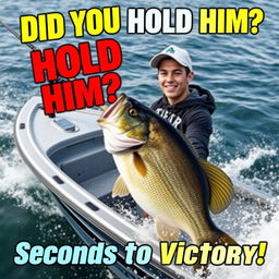 A professional young fisherman stands confidently in a sleek, modern fishing boat, reeling in a gigantic bass fish with an intense expression, showcasing his determination as he battles the fish