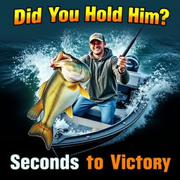 A professional young fisherman stands confidently in a sleek, modern fishing boat, reeling in a gigantic bass fish with an intense expression, showcasing his determination as he battles the fish