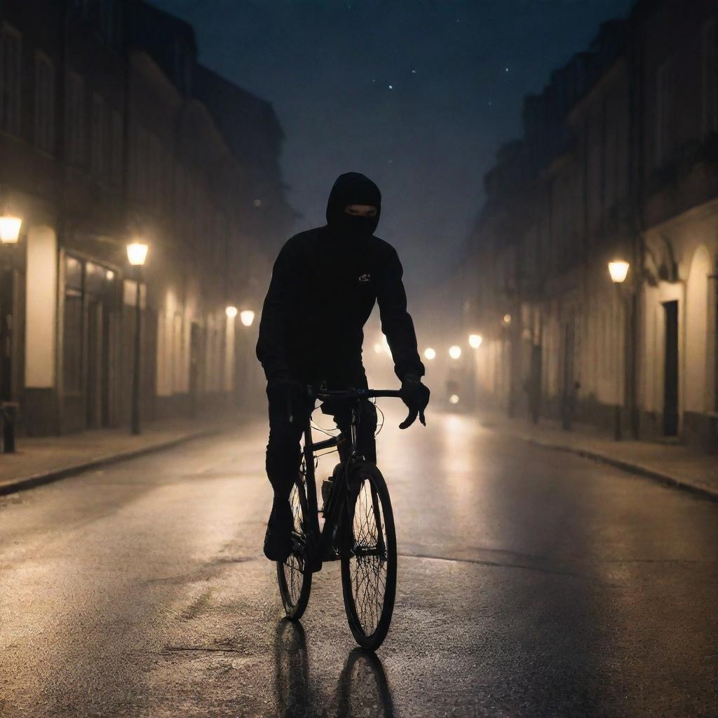 A cyclist dressed in all black attire, riding their bicycle through a peaceful town under the cover of nighttime, the twinkling starlight overhead and dimly lit street lamps guiding their way