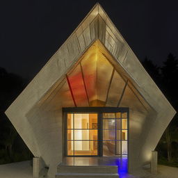 Two-story house crafted from blocks, the second floor designed pricier with a glass balcony. The house, triangular in shape, has soft coloured lights illuminating from within.