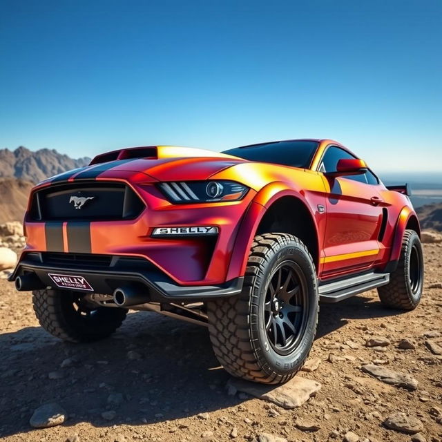A stunning Ford Shelby Mustang featuring an impressive tuning kit designed for an off-road expedition, parked on a rocky terrain under a clear blue sky