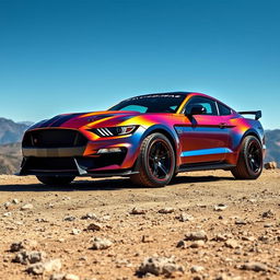 A stunning Ford Shelby Mustang featuring an impressive tuning kit designed for an off-road expedition, parked on a rocky terrain under a clear blue sky