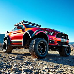 A stunning Ford Shelby Mustang featuring an impressive tuning kit designed for an off-road expedition, parked on a rocky terrain under a clear blue sky