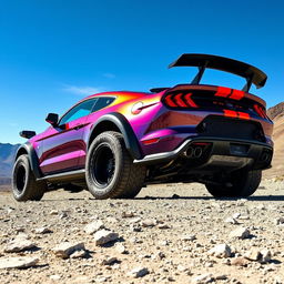 A stunning Ford Shelby Mustang featuring an impressive tuning kit designed for an off-road expedition, parked on a rocky terrain under a clear blue sky