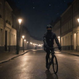 A cyclist dressed in all black attire, riding their bicycle through a peaceful town under the cover of nighttime, the twinkling starlight overhead and dimly lit street lamps guiding their way