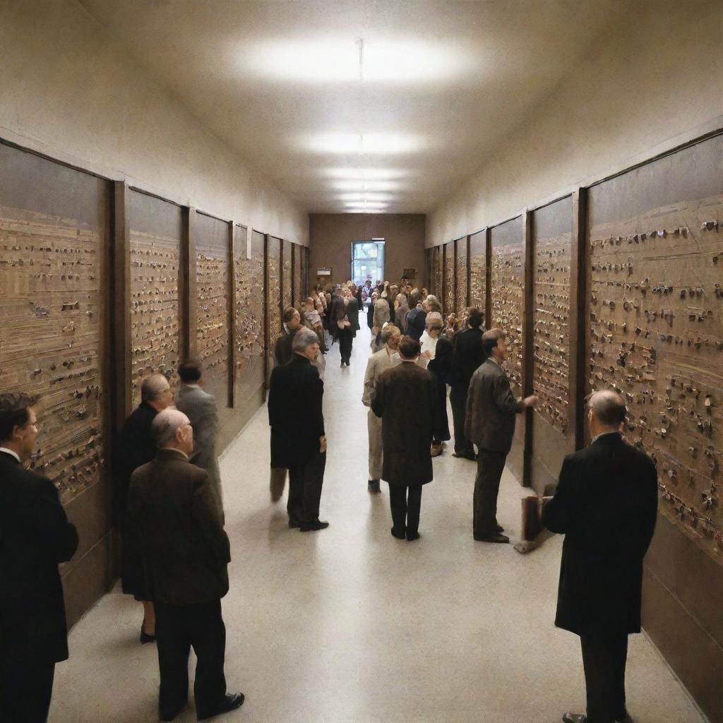 A museum hallway filled with people engaging exhibits showcasing different atomic models by John Dalton, J.J. Thomson, Ernest Rutherford, Neil Bohr, and Erwin Schrodinger.