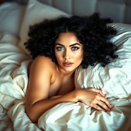 A beautiful white curvy woman with black curly hair and striking green eyes, lying on a soft, luxurious bed