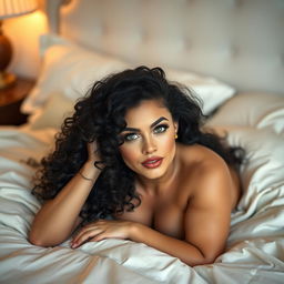 A beautiful white curvy woman with black curly hair and striking green eyes, lying on a soft, luxurious bed