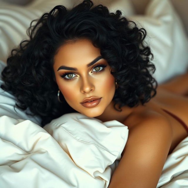 A beautiful white curvy woman with black curly hair and striking green eyes, lying on a soft, luxurious bed