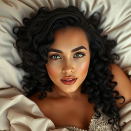 A beautiful white curvy woman with black curly hair and striking green eyes, lying on a soft, luxurious bed