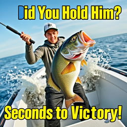 A professional young fisherman stands in a sleek, modern fishing boat, intensely reeling in a huge bass fish