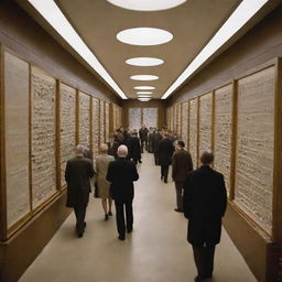 A museum hallway filled with people engaging exhibits showcasing different atomic models by John Dalton, J.J. Thomson, Ernest Rutherford, Neil Bohr, and Erwin Schrodinger.