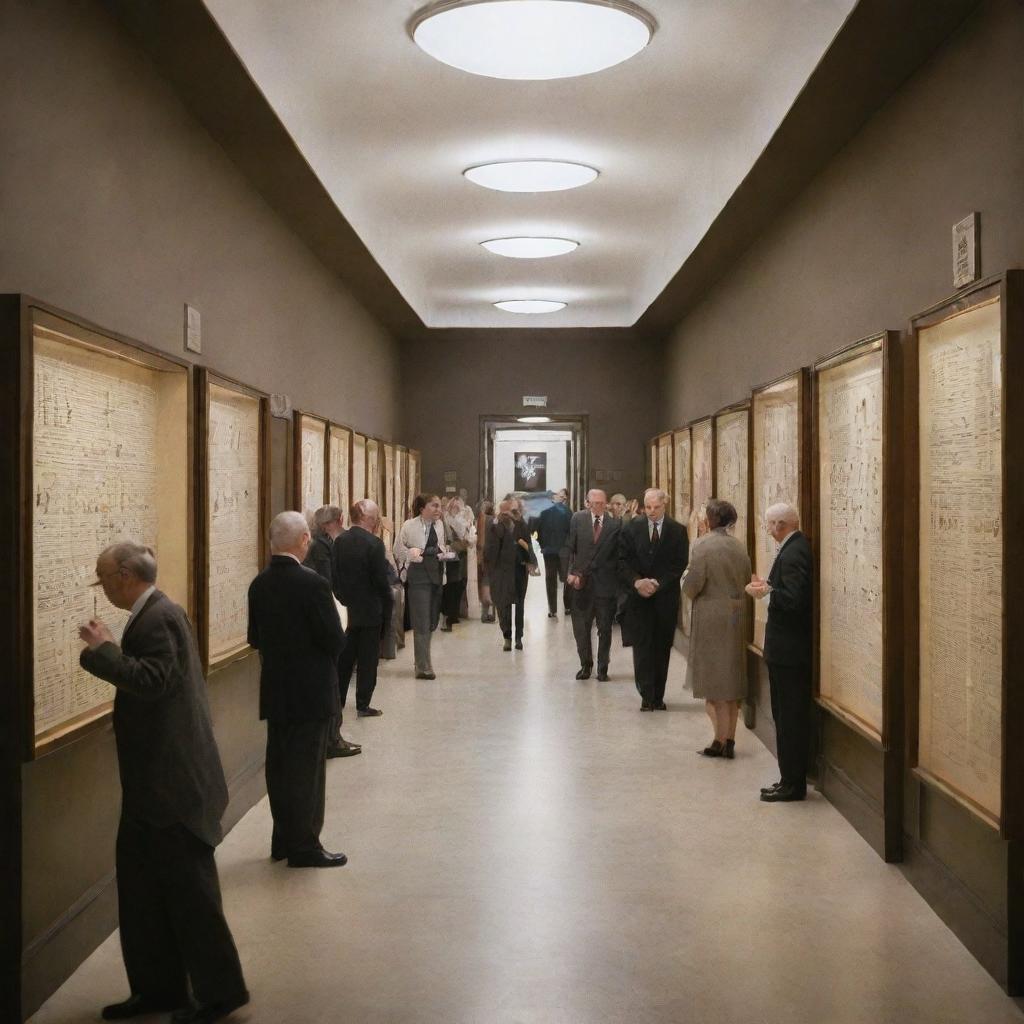 A museum hallway filled with people engaging exhibits showcasing different atomic models by John Dalton, J.J. Thomson, Ernest Rutherford, Neil Bohr, and Erwin Schrodinger.