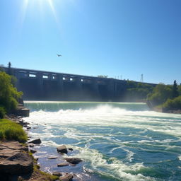 A serene landscape depicting a river flowing through a dam, showcasing the powerful current cascading over the dam's edge, with sunlight glistening on the water's surface