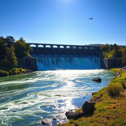 A serene landscape depicting a river flowing through a dam, showcasing the powerful current cascading over the dam's edge, with sunlight glistening on the water's surface