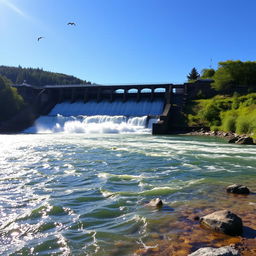 A serene landscape depicting a river flowing through a dam, showcasing the powerful current cascading over the dam's edge, with sunlight glistening on the water's surface