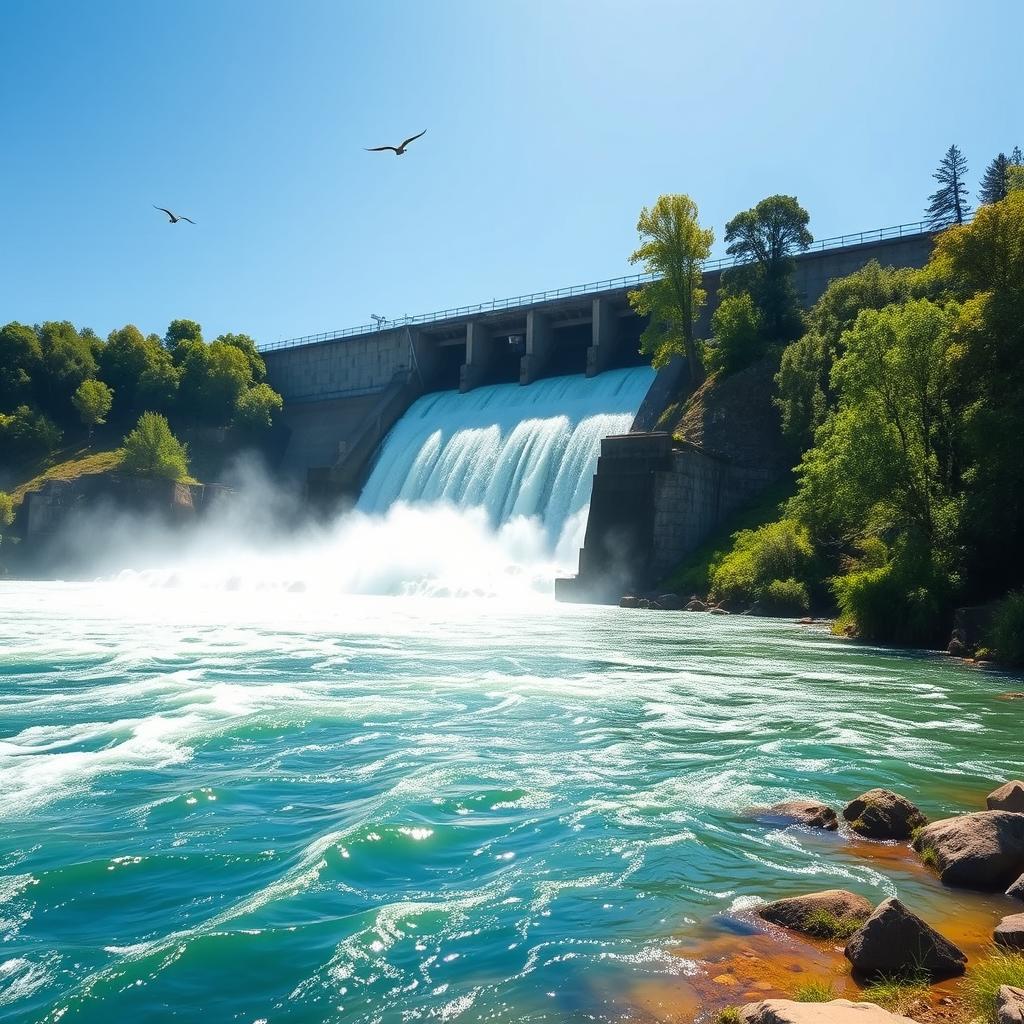 A serene landscape depicting a river flowing through a dam, showcasing the powerful current cascading over the dam's edge, with sunlight glistening on the water's surface