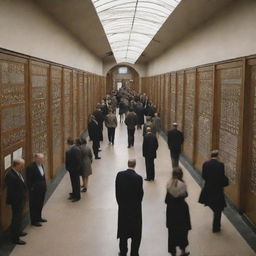 A museum hallway filled with people engaging exhibits showcasing different atomic models by John Dalton, J.J. Thomson, Ernest Rutherford, Neil Bohr, and Erwin Schrodinger.