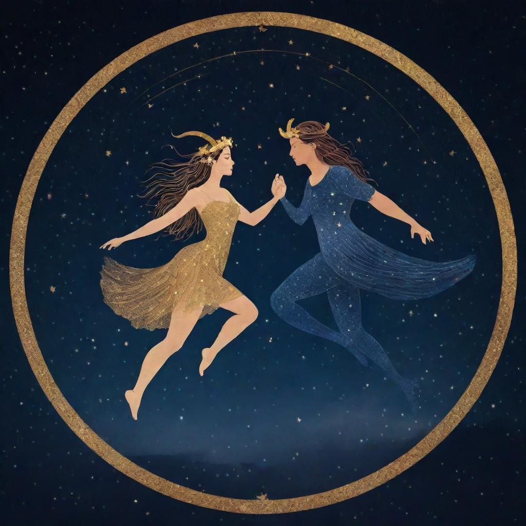 A visually symbolic representation of love between the Zodiac signs Capricorn and Gemini, with their respective symbols intertwined in a dance under a starlit sky.