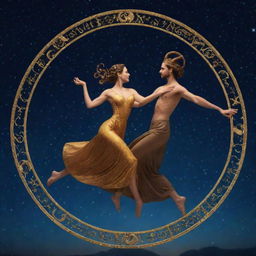 A visually symbolic representation of love between the Zodiac signs Capricorn and Gemini, with their respective symbols intertwined in a dance under a starlit sky.