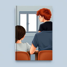 Book cover design depicting a classroom scene with a girl and a boy