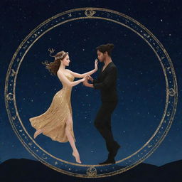 A visually symbolic representation of love between the Zodiac signs Capricorn and Gemini, with their respective symbols intertwined in a dance under a starlit sky.