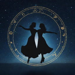 A visually symbolic representation of love between the Zodiac signs Capricorn and Gemini, with their respective symbols intertwined in a dance under a starlit sky.