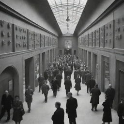 A modern museum hallway bustling with people, featured with exhibits showcasing diverse atomic models by John Dalton, J.J. Thomson, Ernest Rutherford, Neil Bohr, and Erwin Schrodinger.