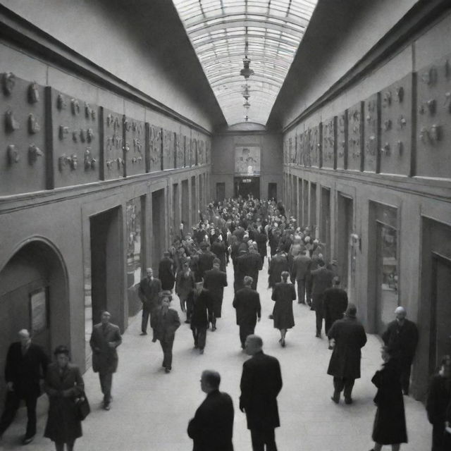 A modern museum hallway bustling with people, featured with exhibits showcasing diverse atomic models by John Dalton, J.J. Thomson, Ernest Rutherford, Neil Bohr, and Erwin Schrodinger.