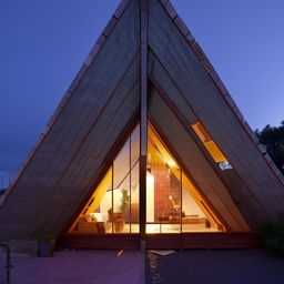 Two-story house crafted from blocks, the second floor designed pricier with a glass balcony. The house, triangular in shape, has soft coloured lights illuminating from within.